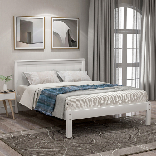 Twin size White color bedroom wood Platform Bed Frame with Headboard and Slat