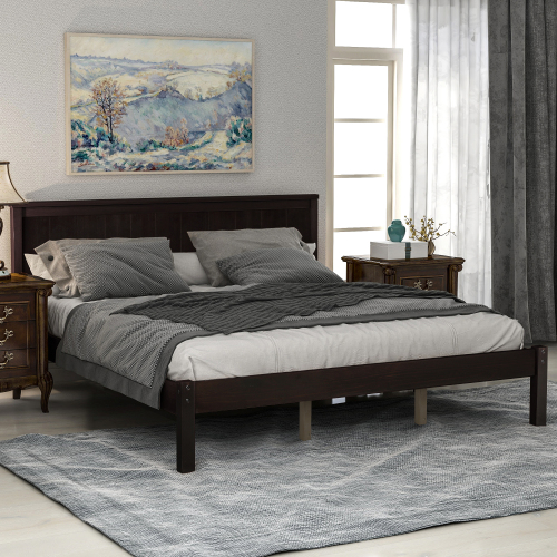 Queen size Espresso color bedroom wood Platform Bed Frame with Headboard and Slat