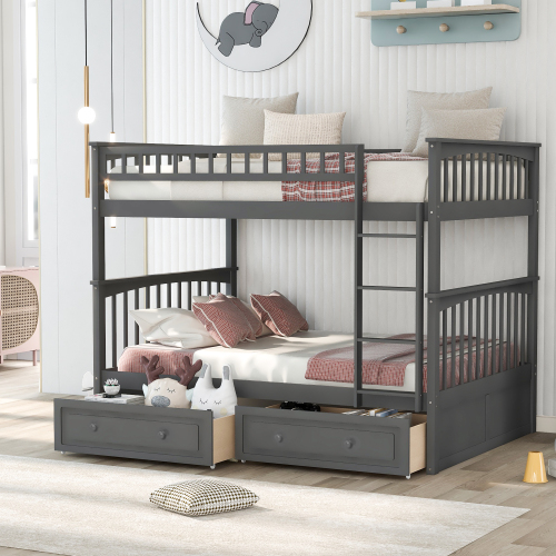 Full over Full size Gray color Convertible Bunk Bed with Drawers