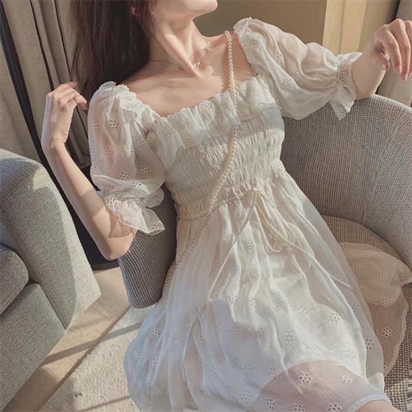 White Puff Sleeve Lace Fairy Dresses French Korean Japan Style Kawaii Elegant Vintage Chiffon Bodycon Dress