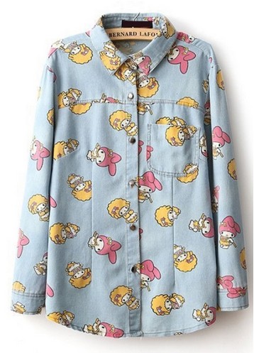 Cartoon Button-up Denim Shirt on Luulla