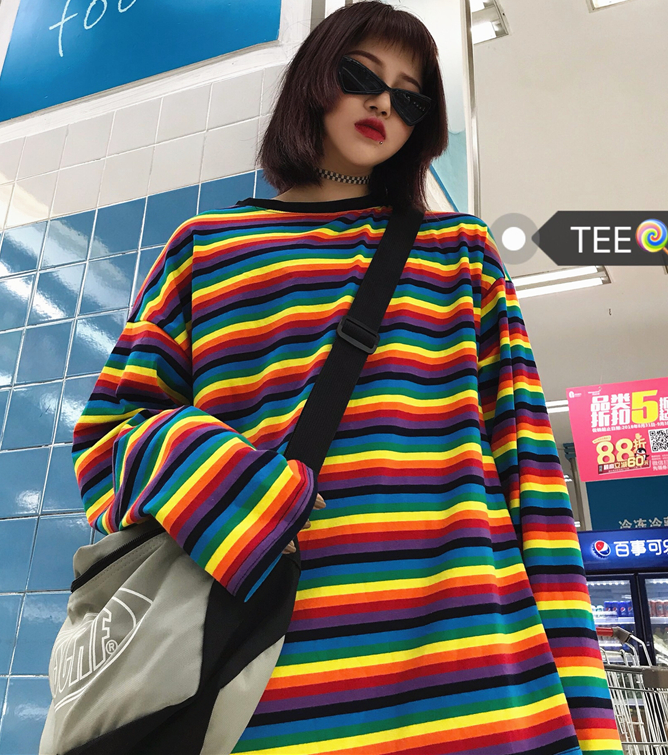 Harajuku Style Rainbow Striped Long Sleeve Sweater Shirt on Luulla