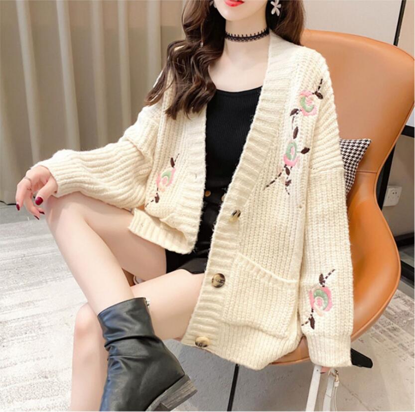 Fashion Embroidery Loose Knitted Cardigan Sweater For Autumn Winter on ...