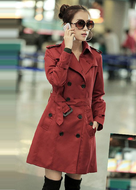 Work Style Double Breasted Trench Coat With Belt - Wine Red on Luulla