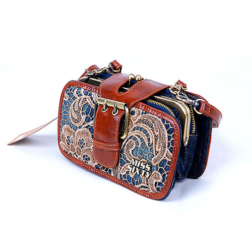 European Style Retro Floral Embroidered Lace Spliced Denim Crossbody
