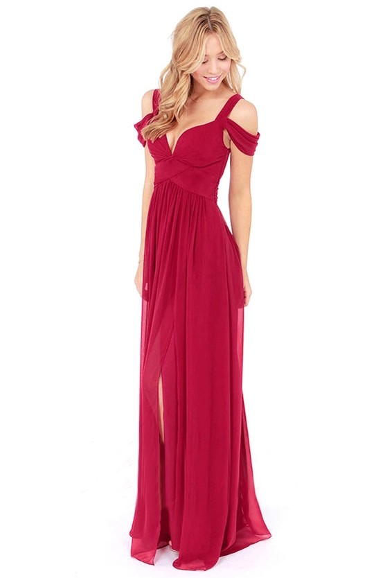 Hot Sale Red Split Front V Neck Sweep Maxi Dress For Women On Luulla